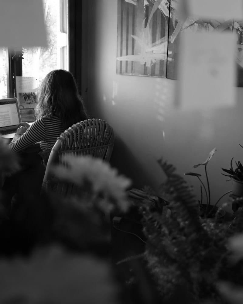 A figure working at a desk across the room, seen through out-of-focus foreground plants